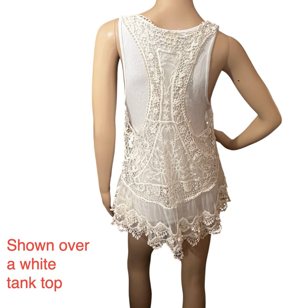 Anthropologie Pins & Needles Tank Small Ivory Lace Sheer Crochet Boho Festival - Picture 6 of 16
